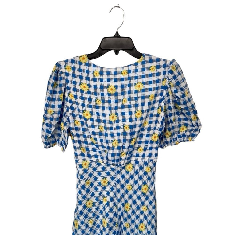 NWT STAUD | Mini Milla Dress in Gingham Daisy Plaid Puff Sleeve V Neck 2 - Picture 5 of 11
